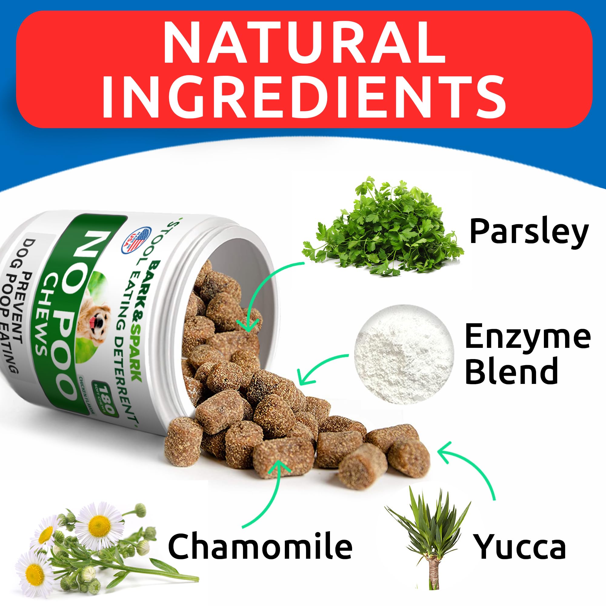 BARK&SPARK No Poo Chews probiotics and enzymes close-up on label signaling gut support.