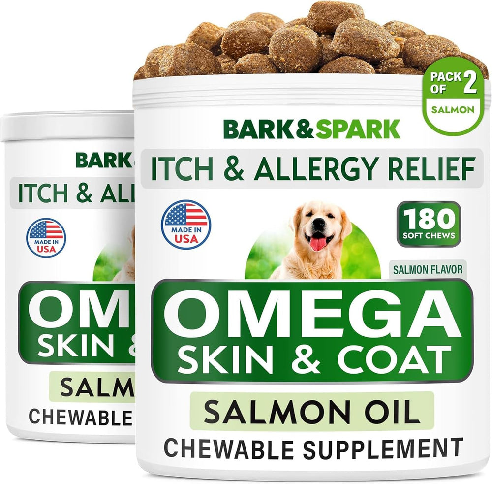 BARK&SPARK Omega 3 dog treats bottle closeup highlighting skin and coat health