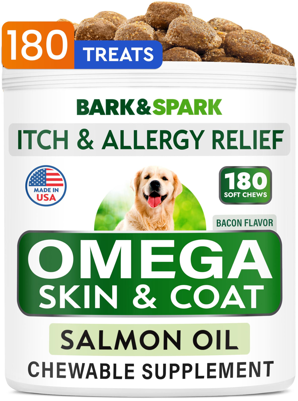 BARK&SPARK Omega3 packshot shows dog and cat treats for skin and joints