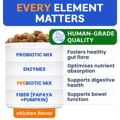 BARK&SPARK pumpkin fiber and prebiotics in formula packet help stool regularity.