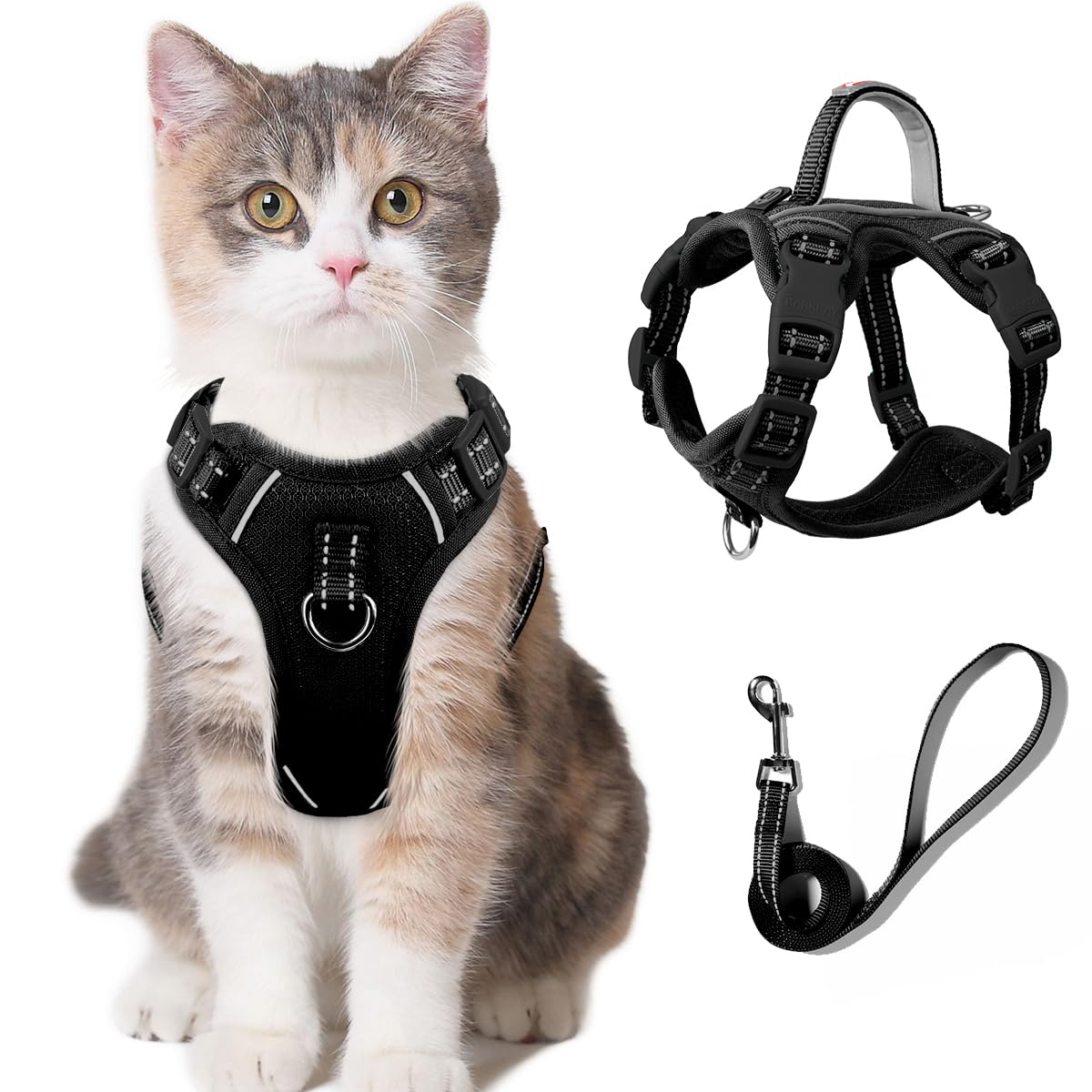 BARKBAY cat harness XS black close-up highlighting breathable air-mesh comfort for walks.