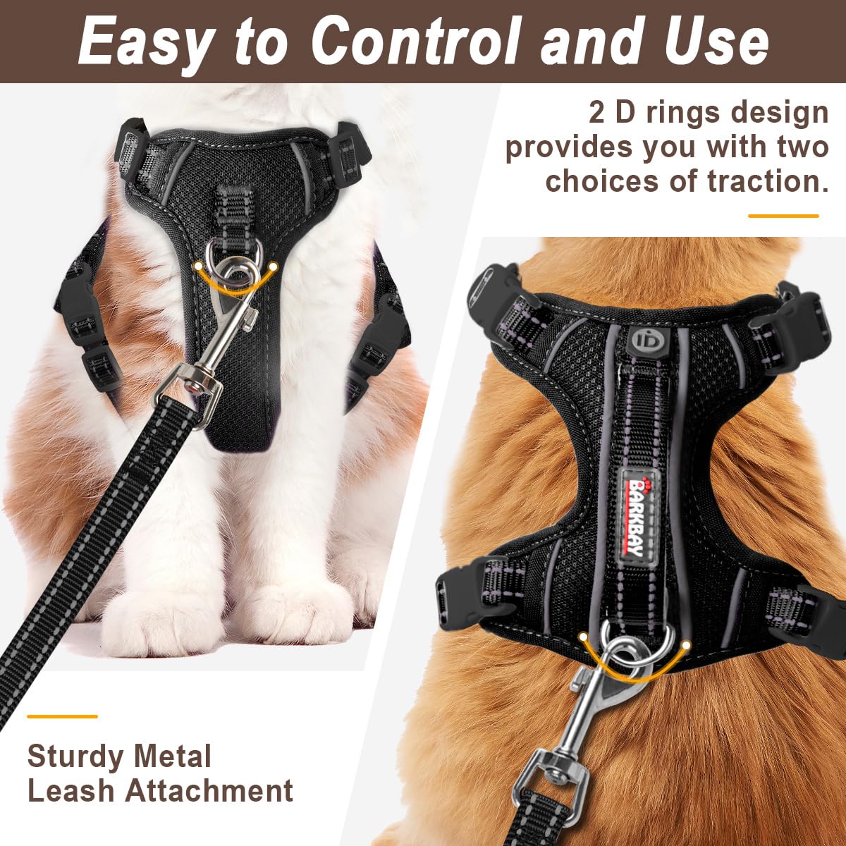 BARKBAY harness includes two D-rings for flexible control options.