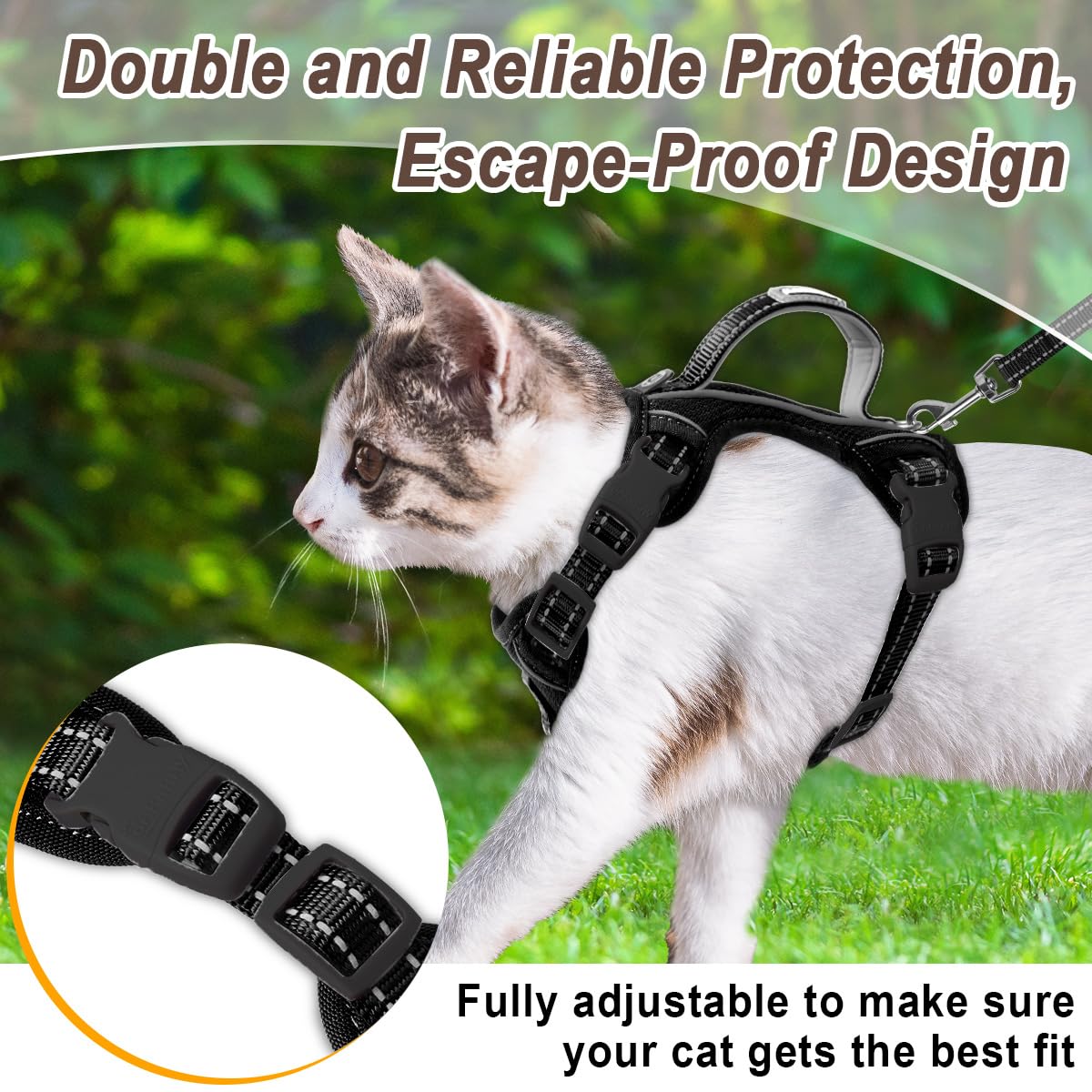 BARKBAY walk-ready harness secures small and large cats alike for safe outings.
