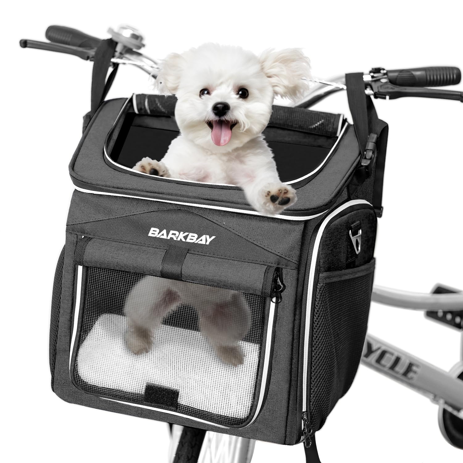 BARKBAY dog bike basket carrier front view with secure mount for easy pet transport.