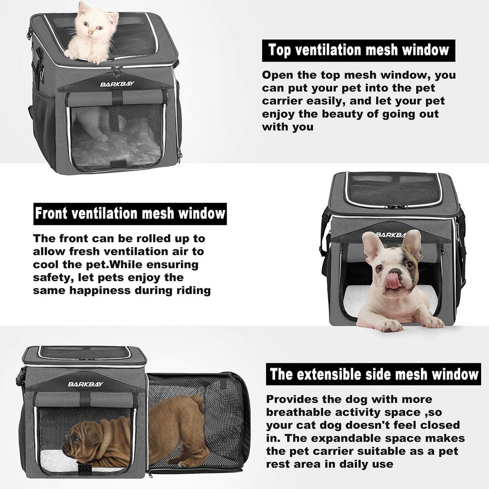 BARKBAY soft-sided interior offers comfortable ride for pets during commutes.