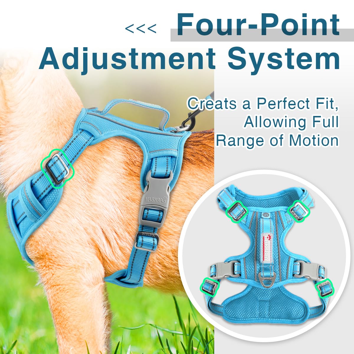 BARKBAY Dog Harness blue top handle assists quick control for sudden pauses or guidance.