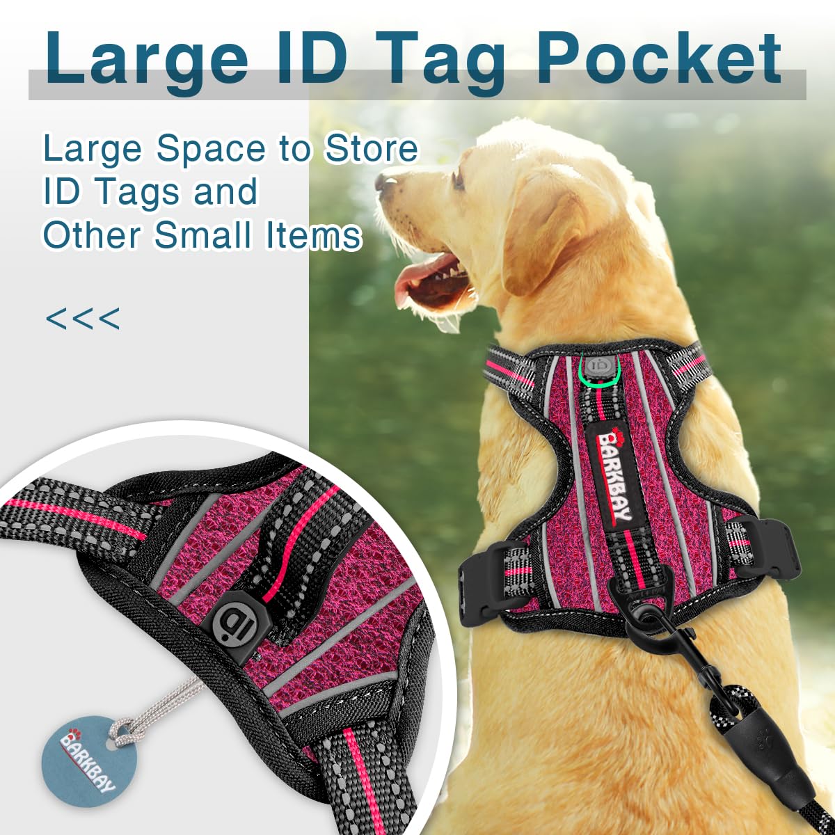 BARKBAY harness id-pocket closeup shows secure ID tag storage for quick identification.