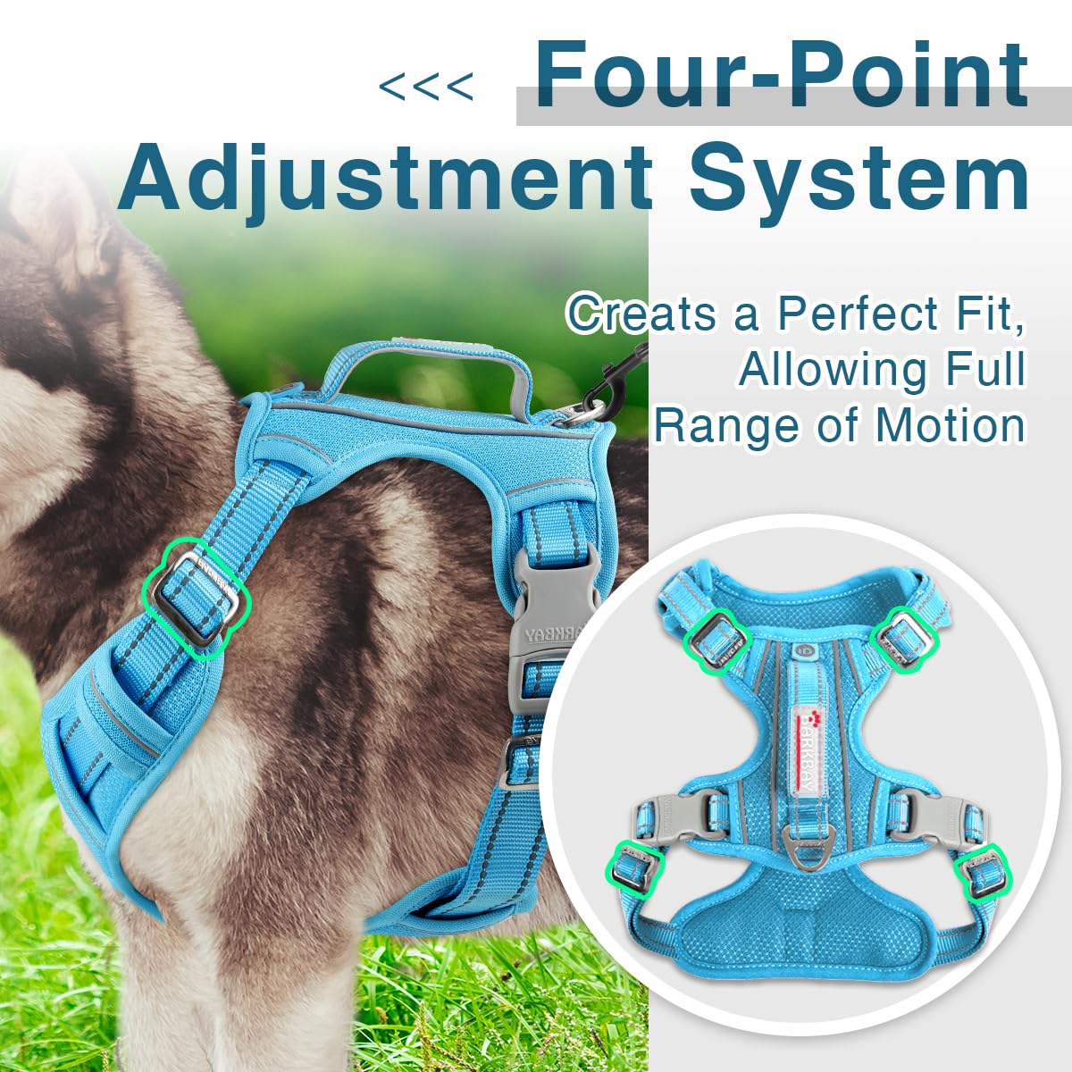 BARKBAY blue harness for everyday walks with no-pull feature improving walking experience.