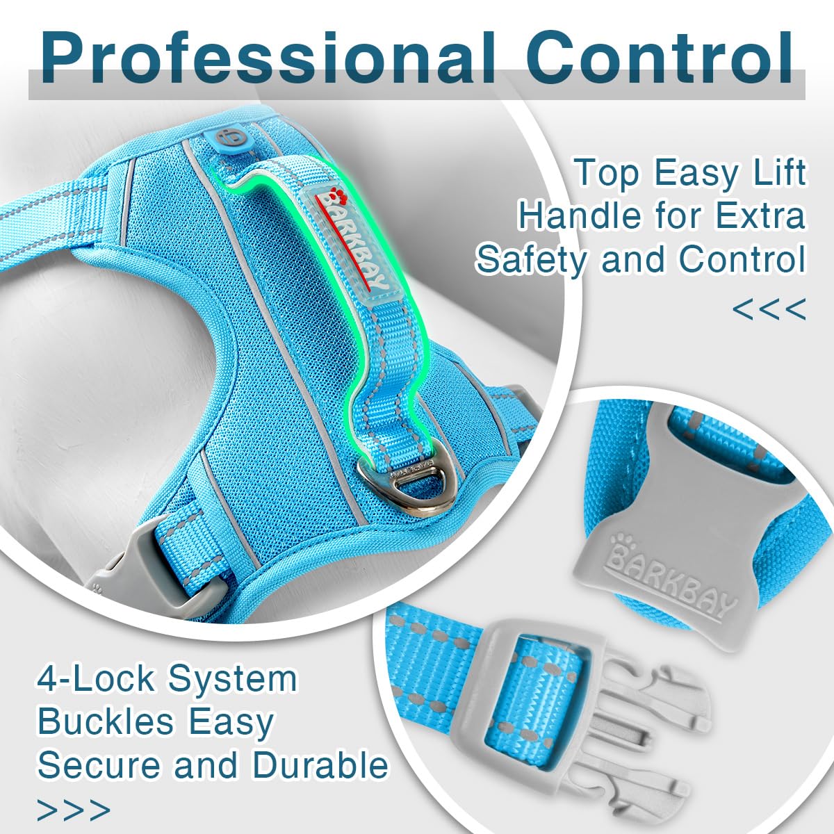 BARKBAY harness blue close-up of durable nylon and padding for durability.