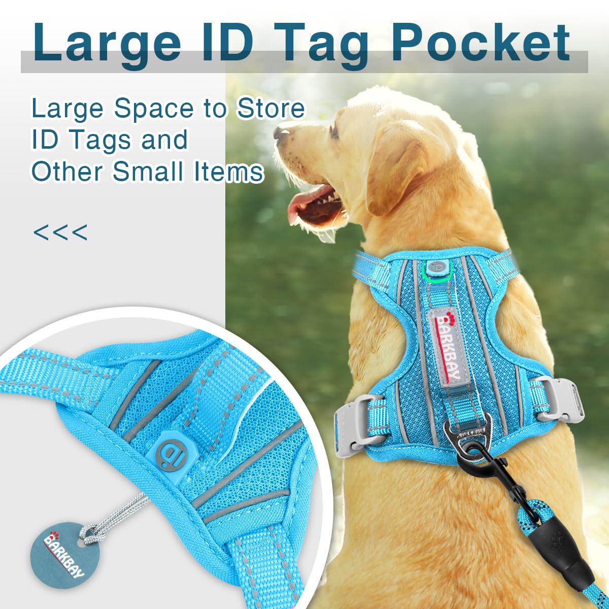 BARKBAY blue side view emphasizes anti-chafe padding for all-day comfort.