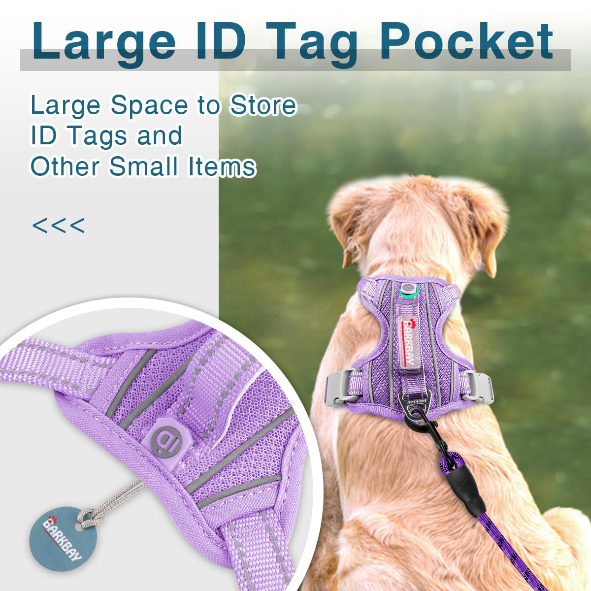 BARKBAY No-Pull Violet XS harness ID pocket close-up for quick ID access.