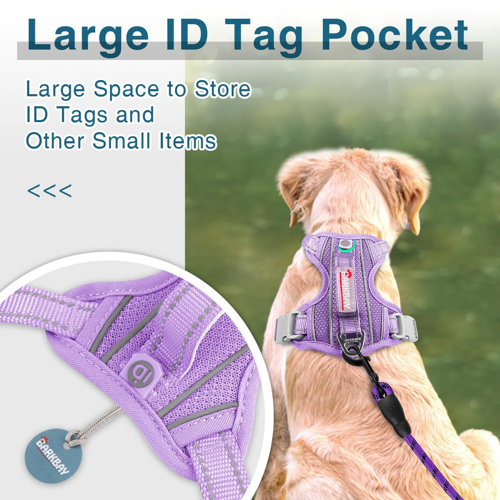 BARKBAY No-Pull Violet XS harness ID pocket close-up for quick ID access.