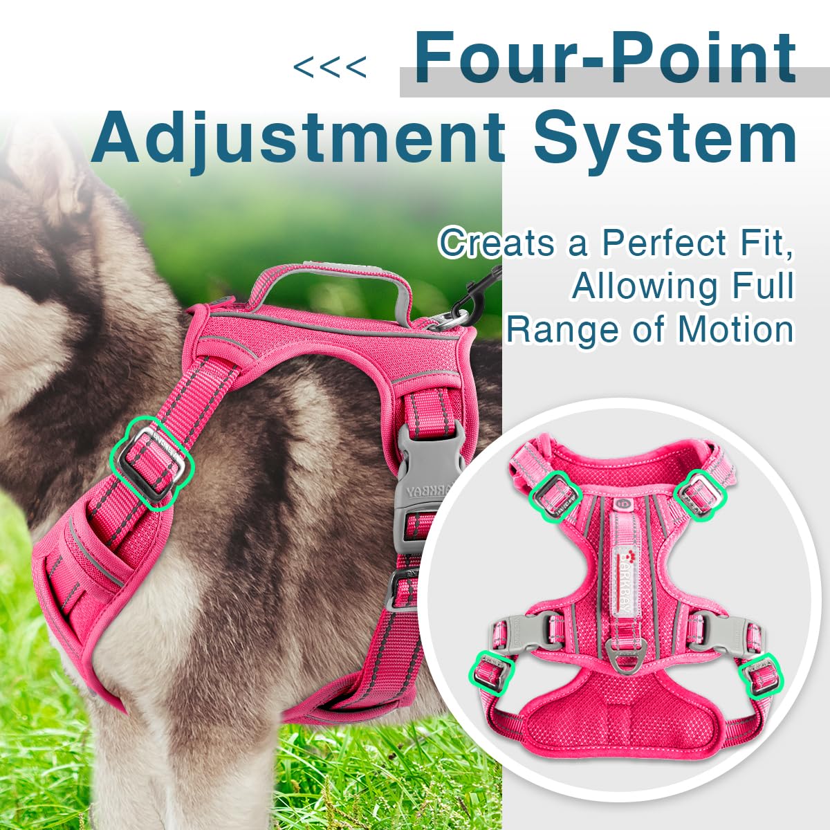 BARKBAY air-mesh pink harness stays cool during activity.