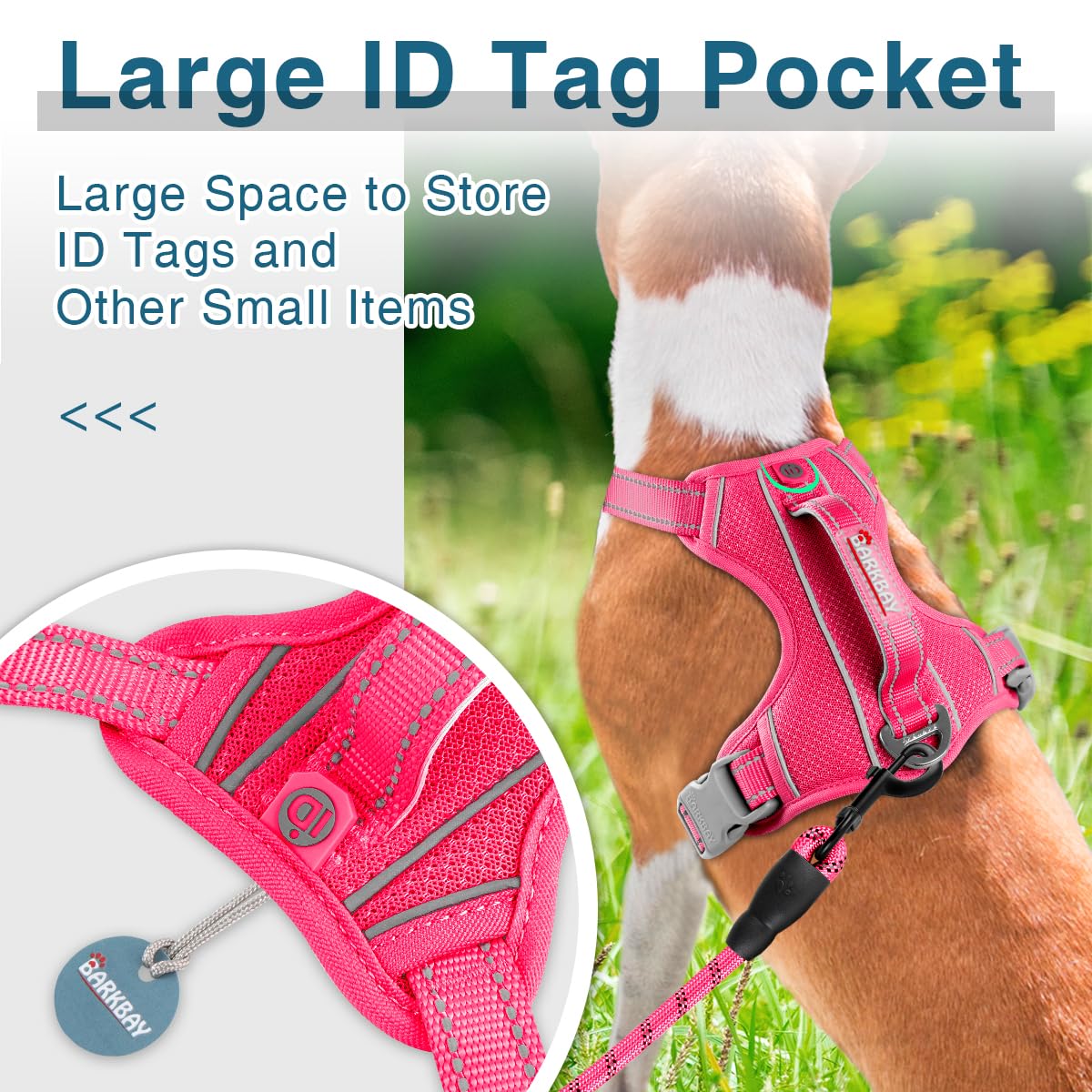 BARKBAY dog harness id-pocket closeup demonstrates secure tag pocket for quick ID access