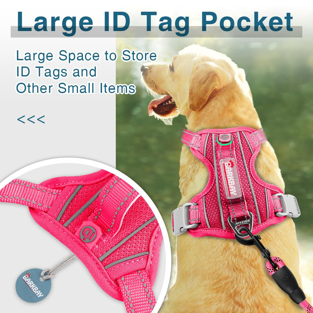 BARKBAY pink harness shows secure ID pocket for quick tag access.