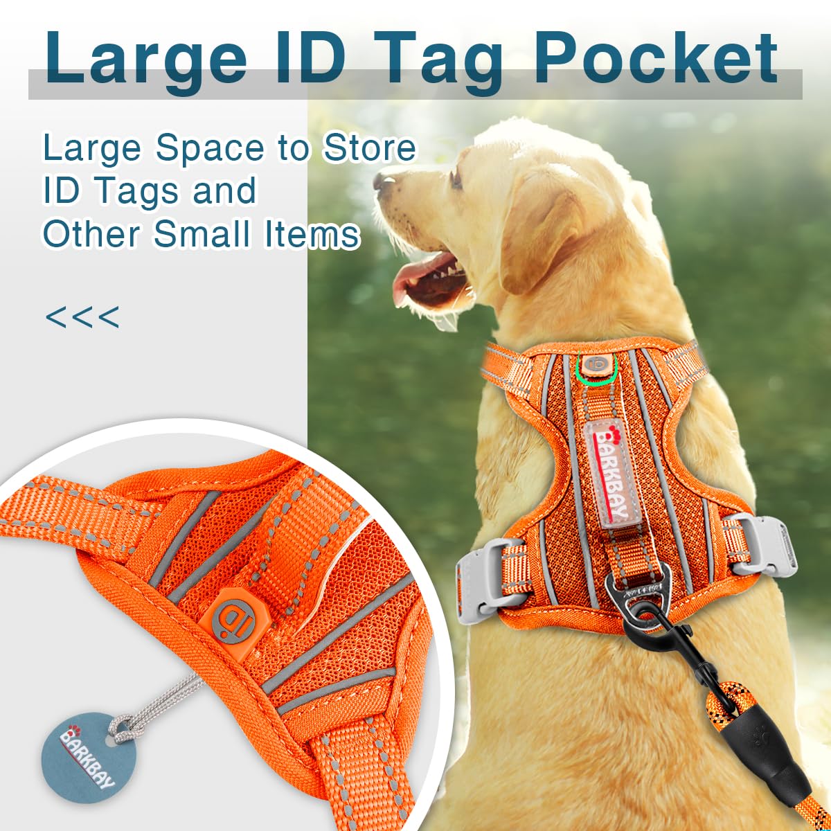 BARKBAY no-pull harness orange back view shows reflective safety features