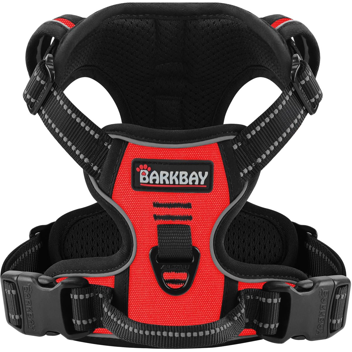BARKBAY No-Pull harness for small dogs with adjustable red straps enhances on-walk comfort.