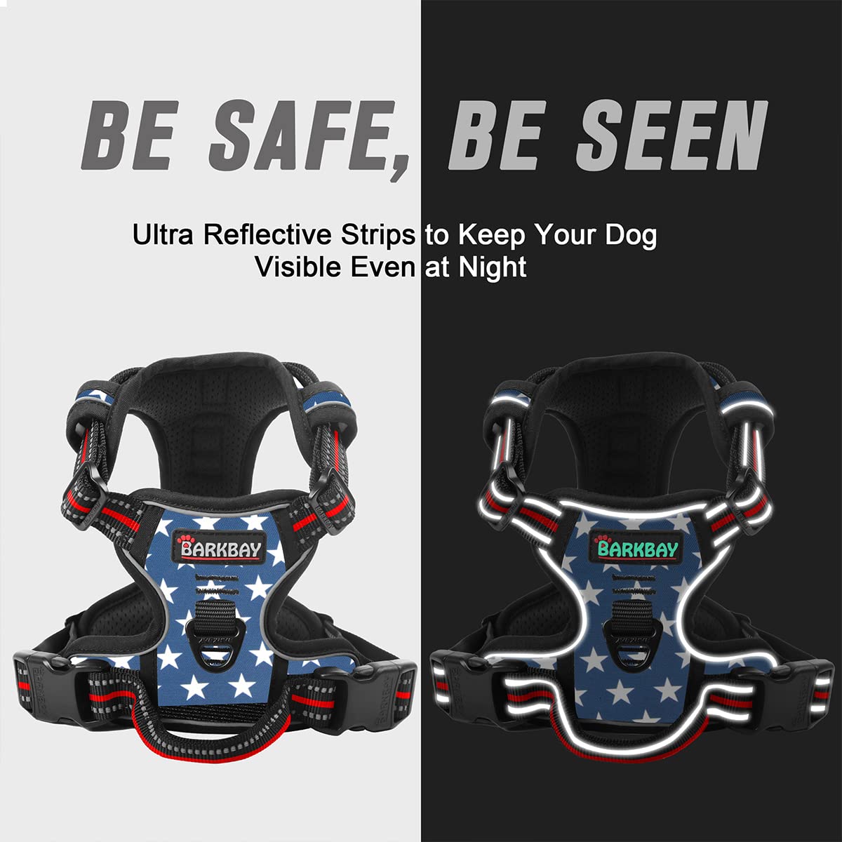 BARKBAY ultra-reflective strips increase visibility during night walks.