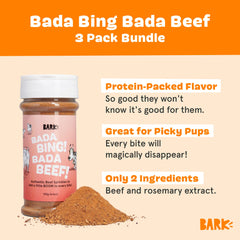 Barkbox Beef Topper packaging label shows simple ingredients for easy meal prep.