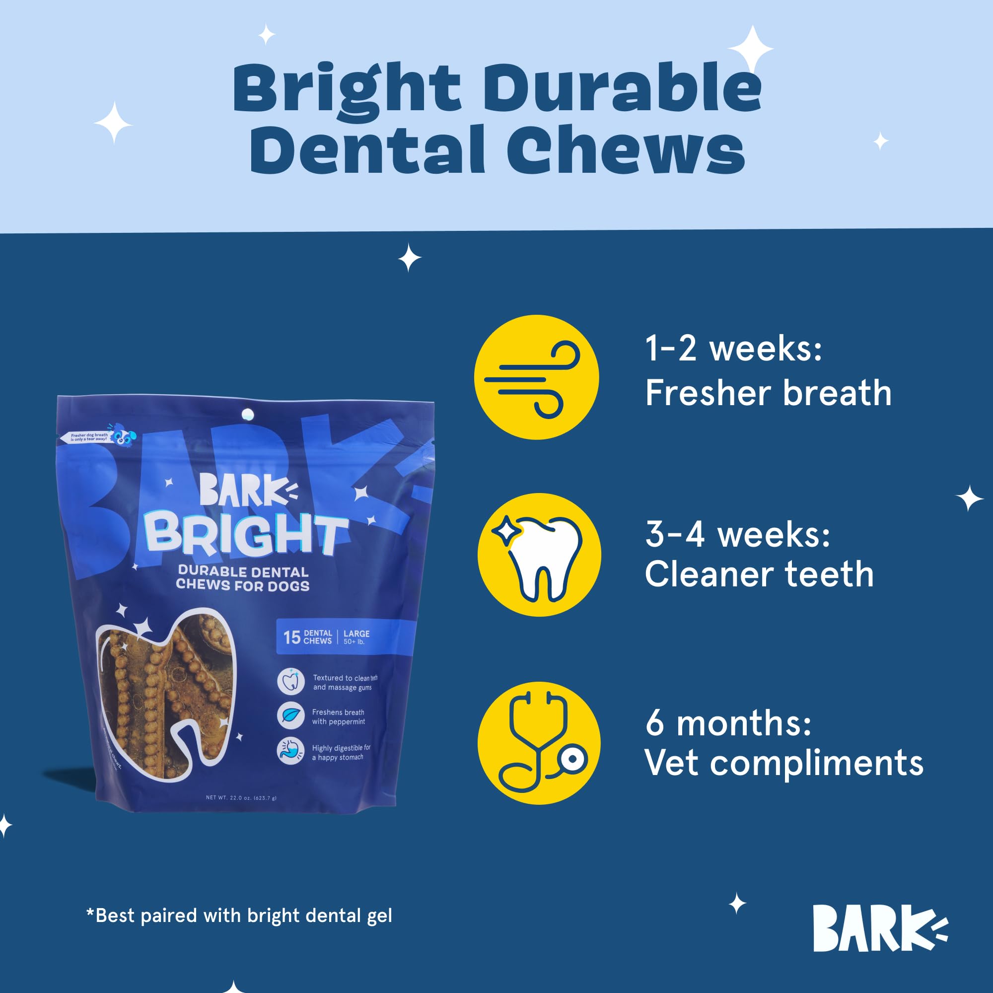 BARKBOX Bright dental chew sticks large dog shot highlights tough chewers