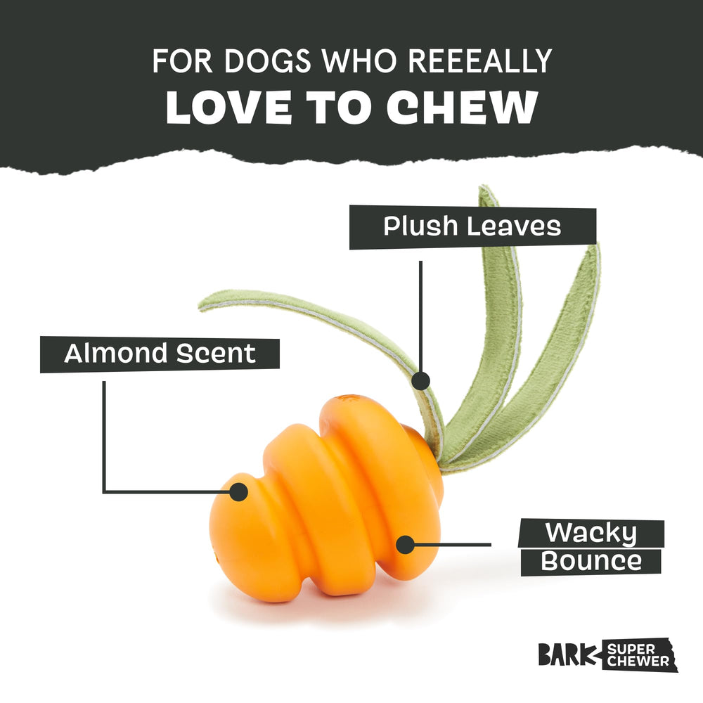 Barkbox carrot small dog toy with three plush leaves for tug games