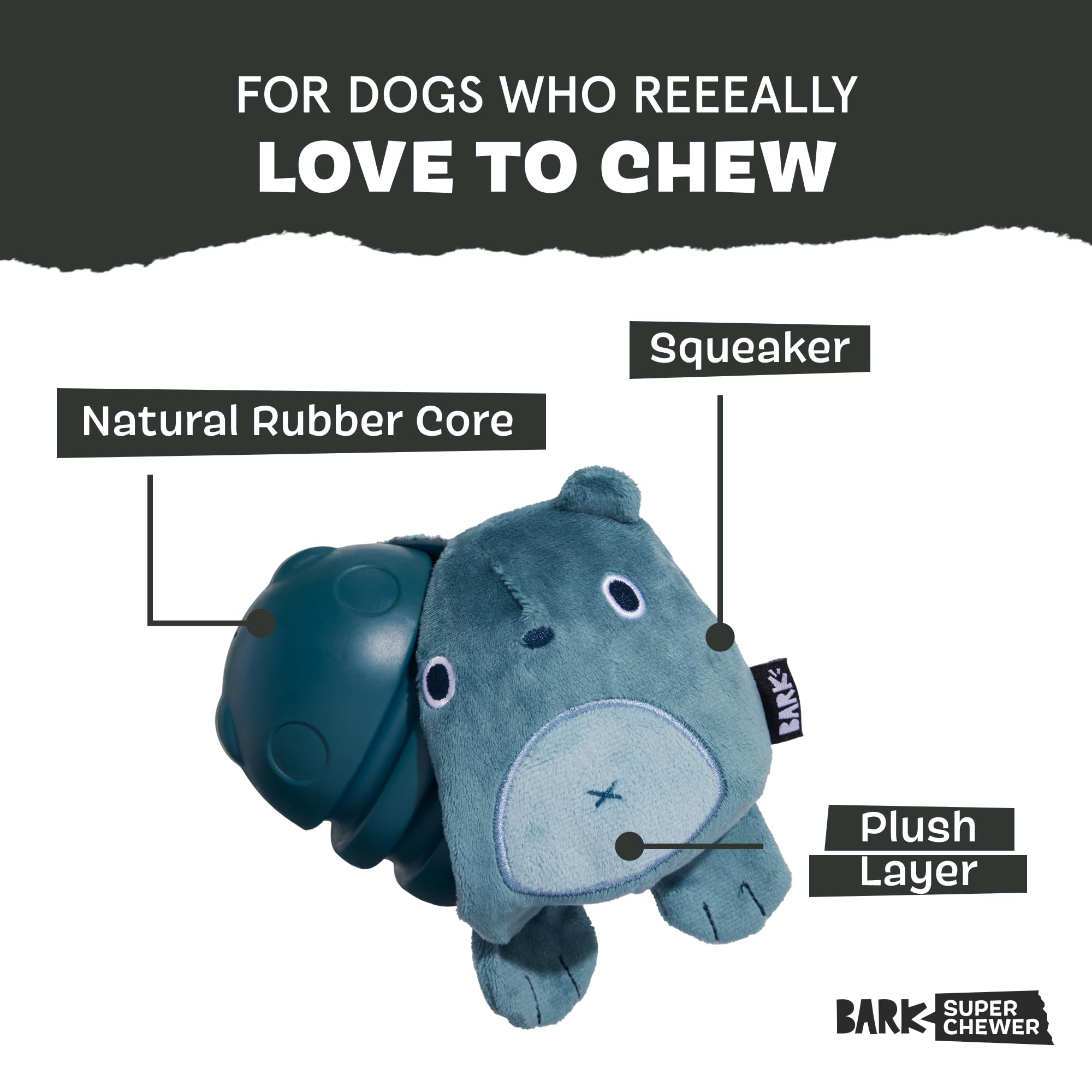 Barkbox Grey Bear Hugger rip-away outer layer close-up for engaging play