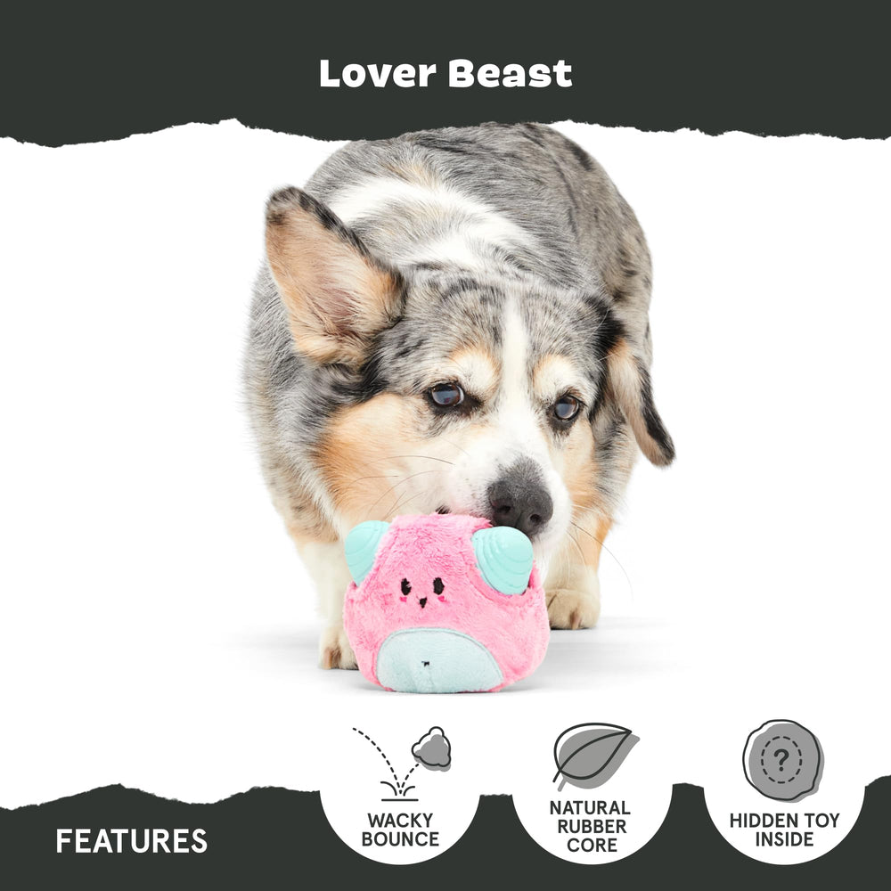BarkBox Lover Beast squeaker inside adds exciting sound during fetch or chew