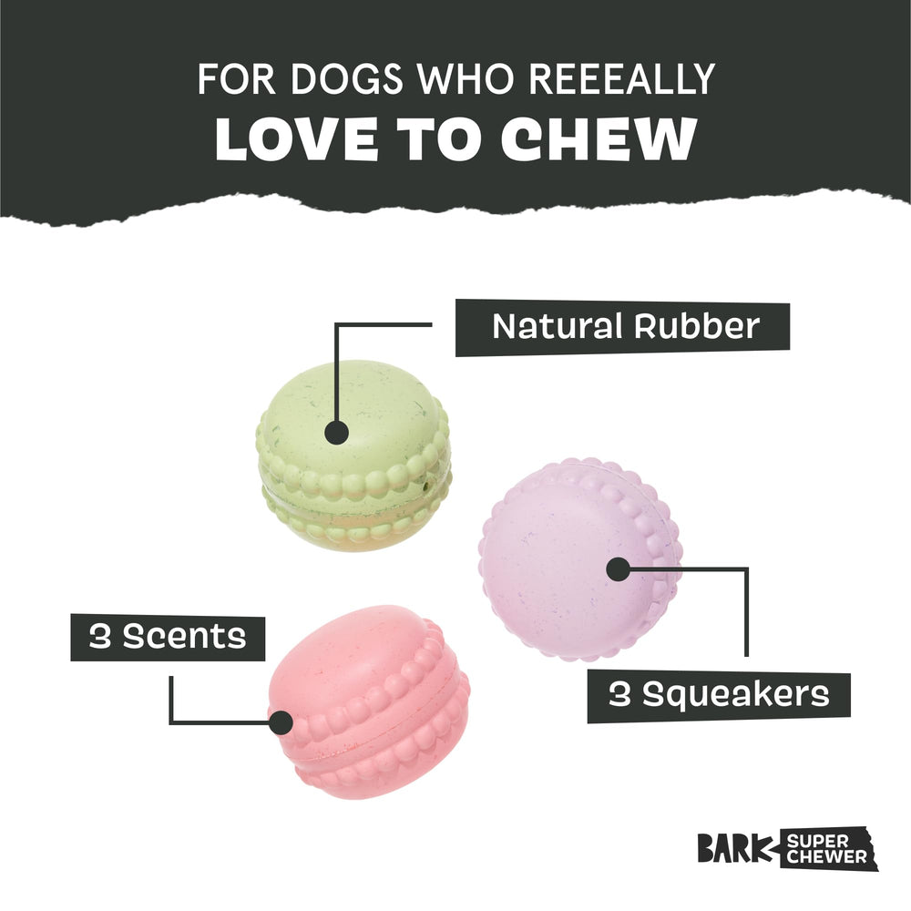 Closeup of BarkBox Macaruffs squeaker closeup during lively play