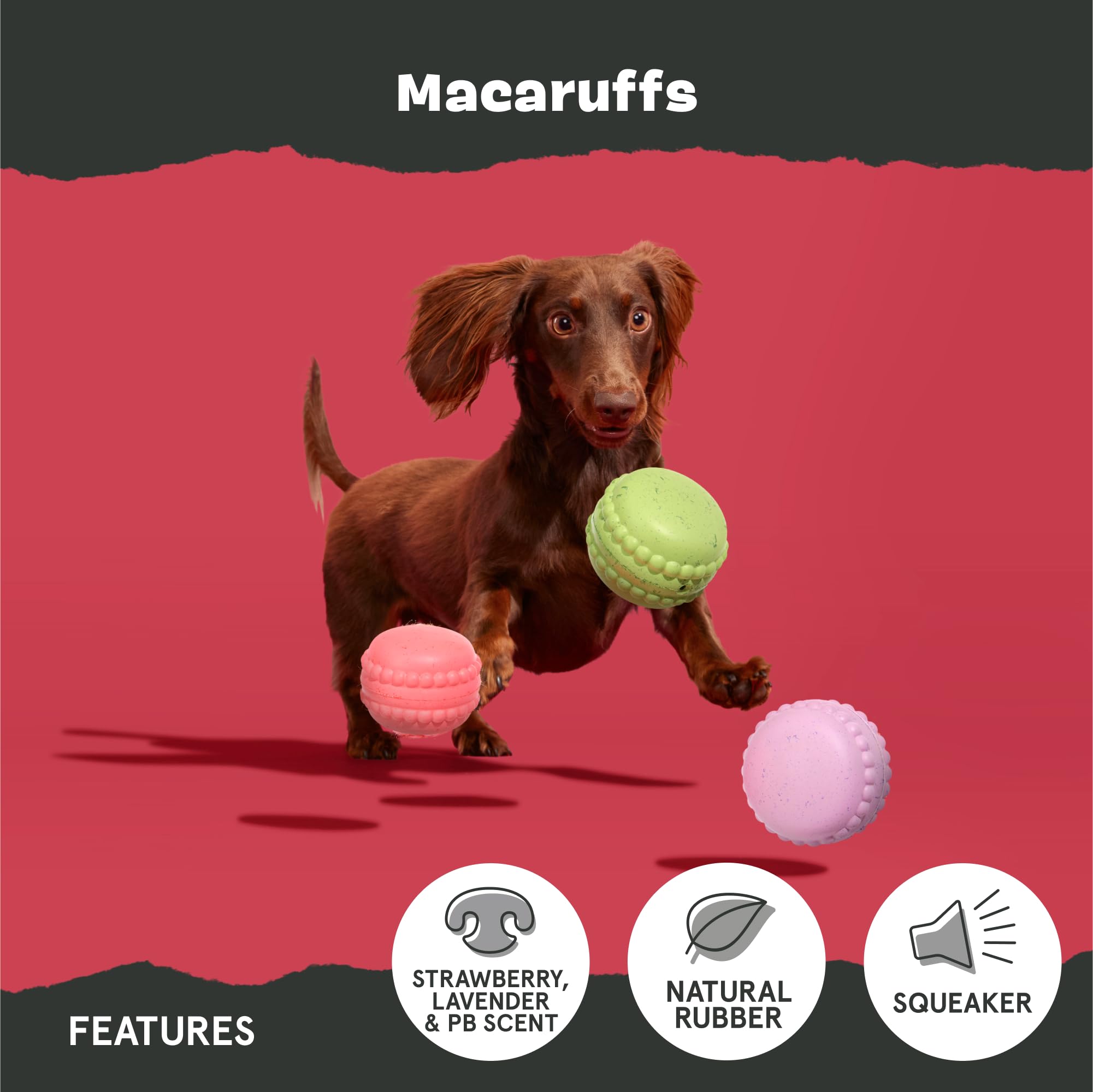 BarkBox Macaruffs strawberry scent closeup highlighting fruity aroma