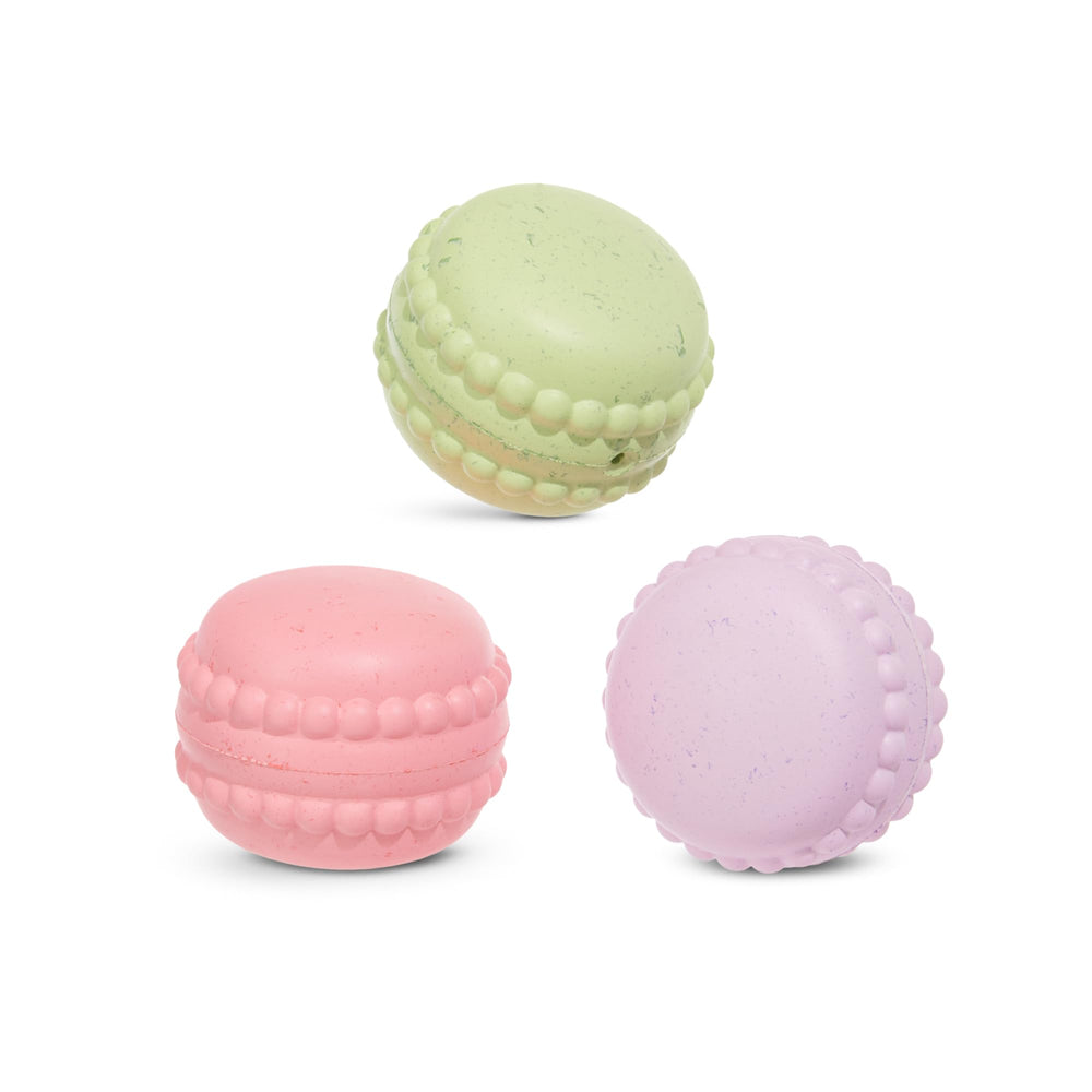 BarkBox Macaruffs trio set showing three durable small-dog toys for playful days