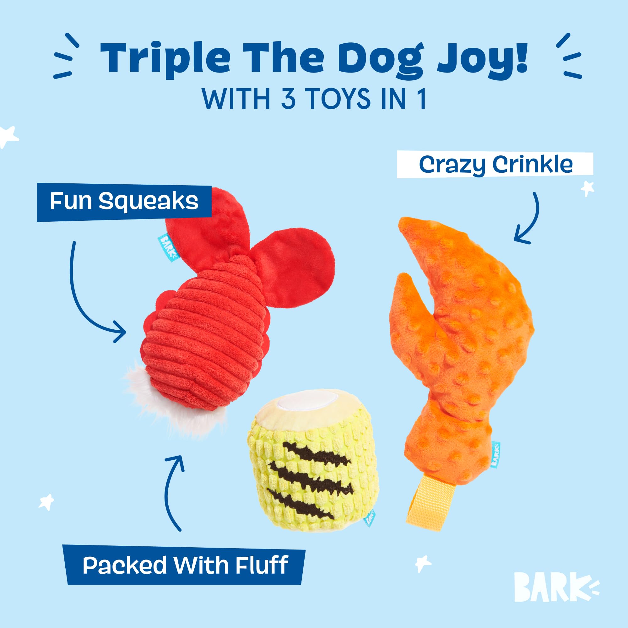 BarkBox The Maine Event lobster-claw toy close-up showing durable plush for thrashing.