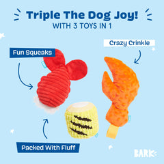 BarkBox The Maine Event lobster-claw toy close-up showing durable plush for thrashing.
