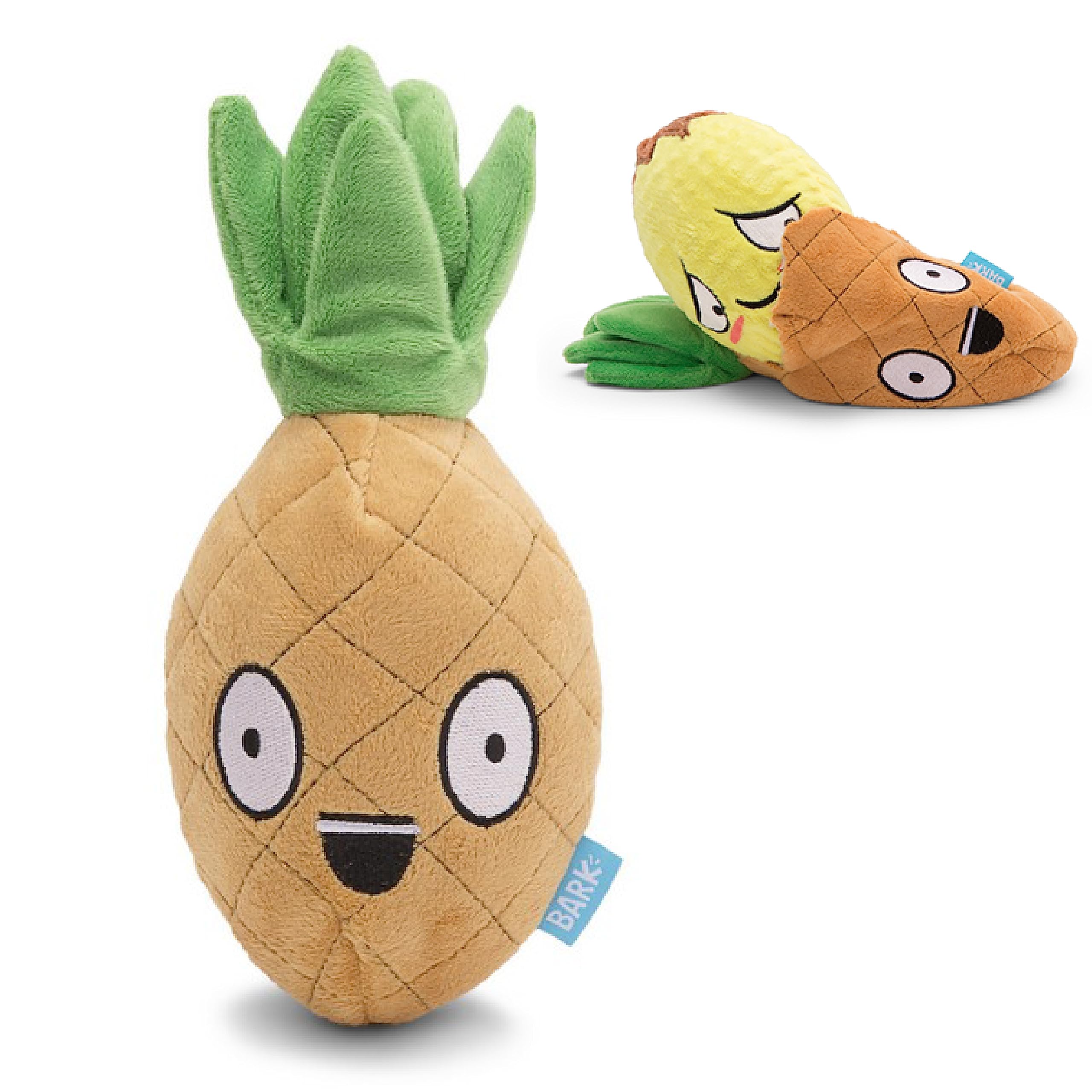 BARKBOX Penny Pineapple 2in1 toy plush helps soothe teething with cuddly exterior.
