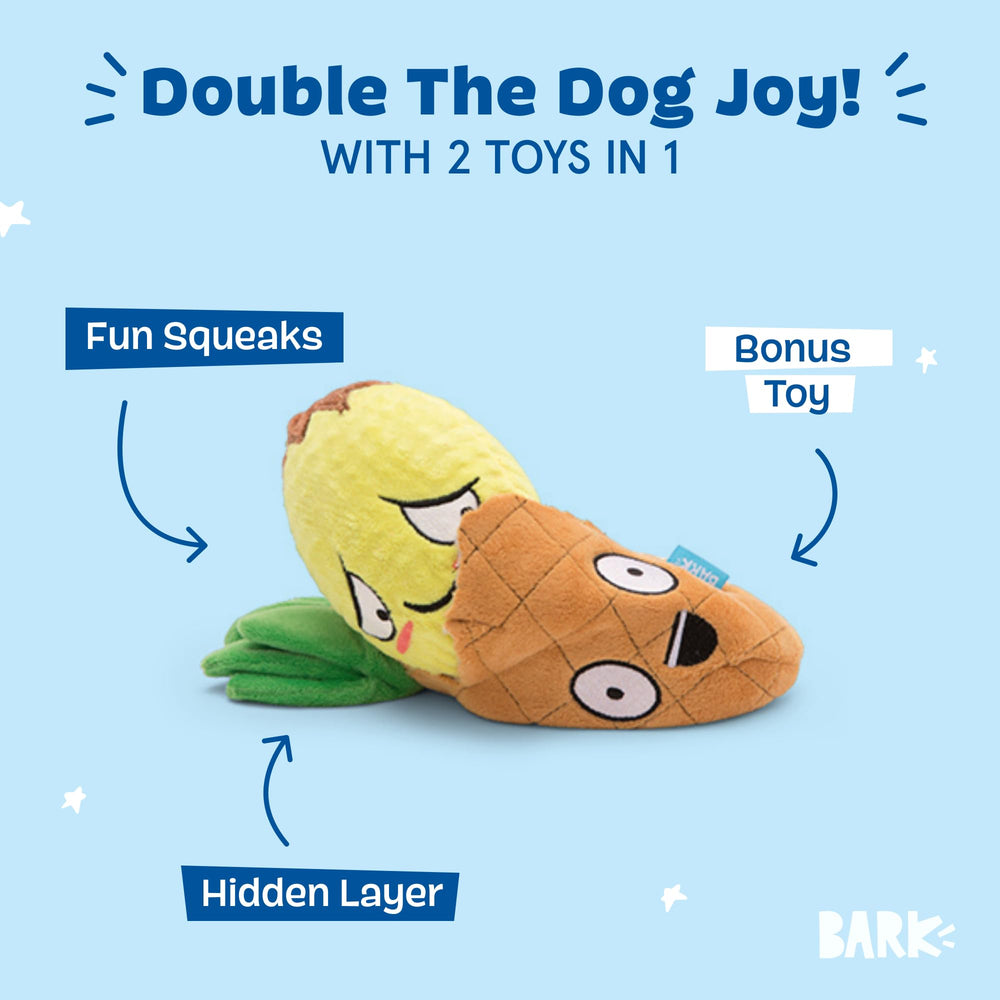 BARKBOX Penny plush exterior with durable construction for aggressive chewers and interactive fun.