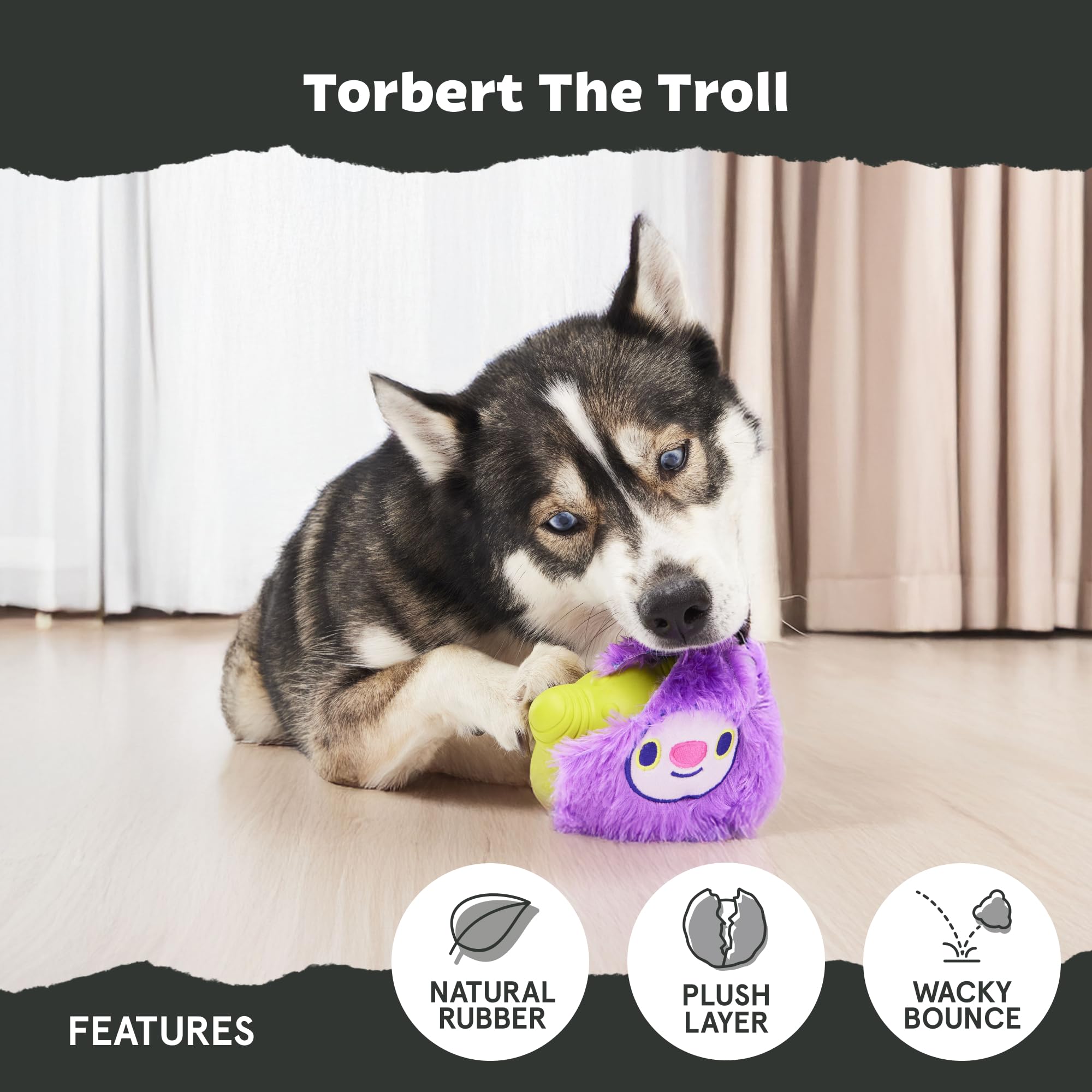 BarkBox Torbert Troll Toy squeaker center inspires interactive play