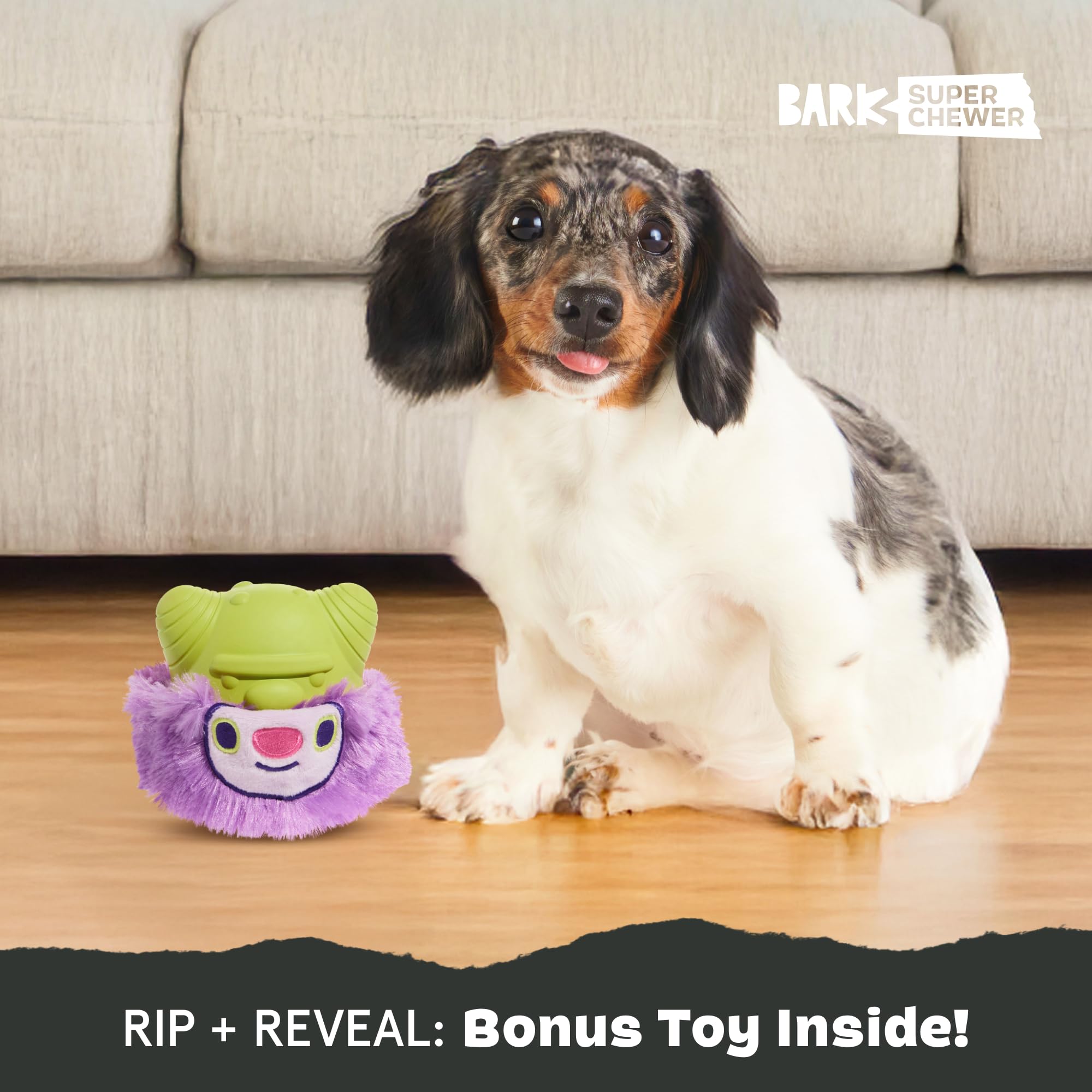 BarkBox Torbert Troll squeaker core boosts excitement during play.