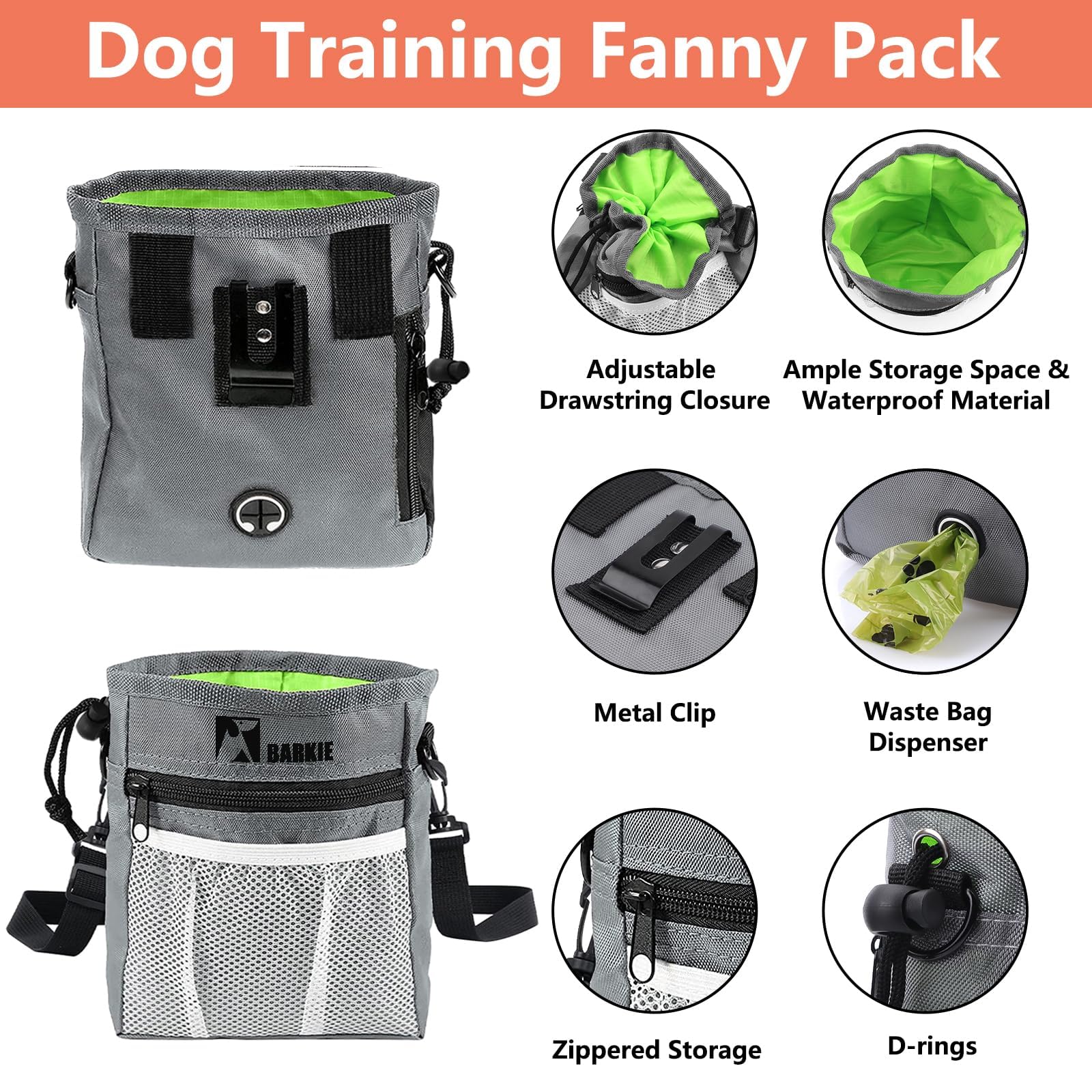 BARKIE silicone treat pouch highlighting waterproof, easy-clean storage during dog training.