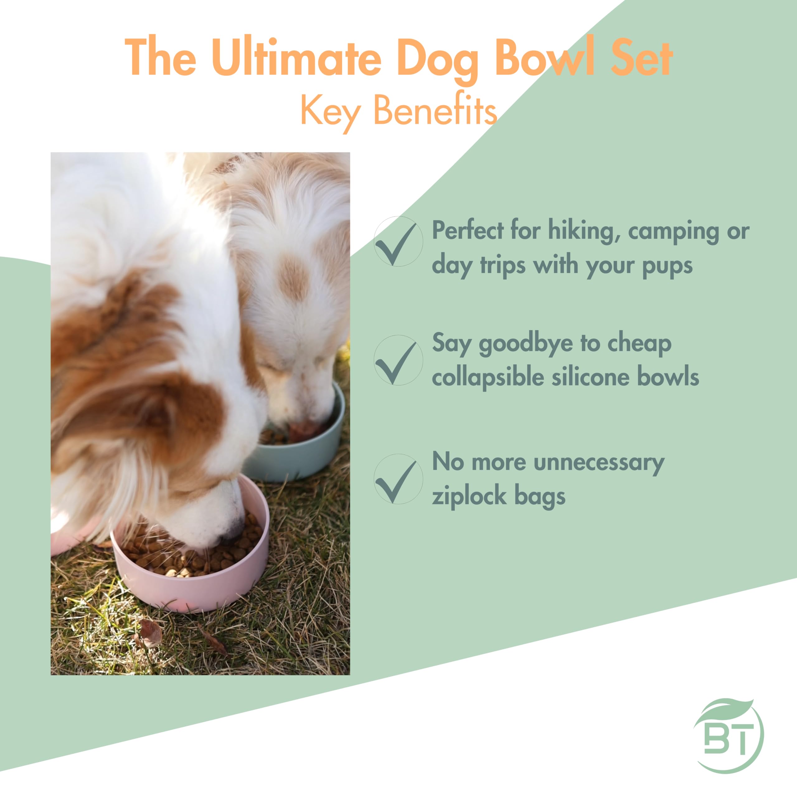 Barkin' Trails dog bowls feature non-slip bottoms for steady meals outdoors.