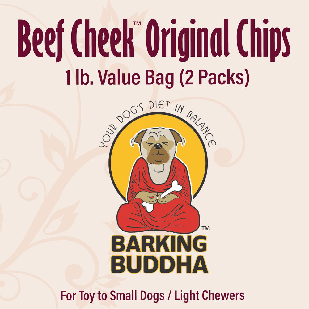 Barking Buddha Beef Cheek Chips Extra Thick flat lay conveys natural, single-ingredient chew for dogs.