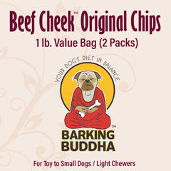 Barking Buddha Beef Cheek Chips Extra Thick flat lay conveys natural, single-ingredient chew for dogs.