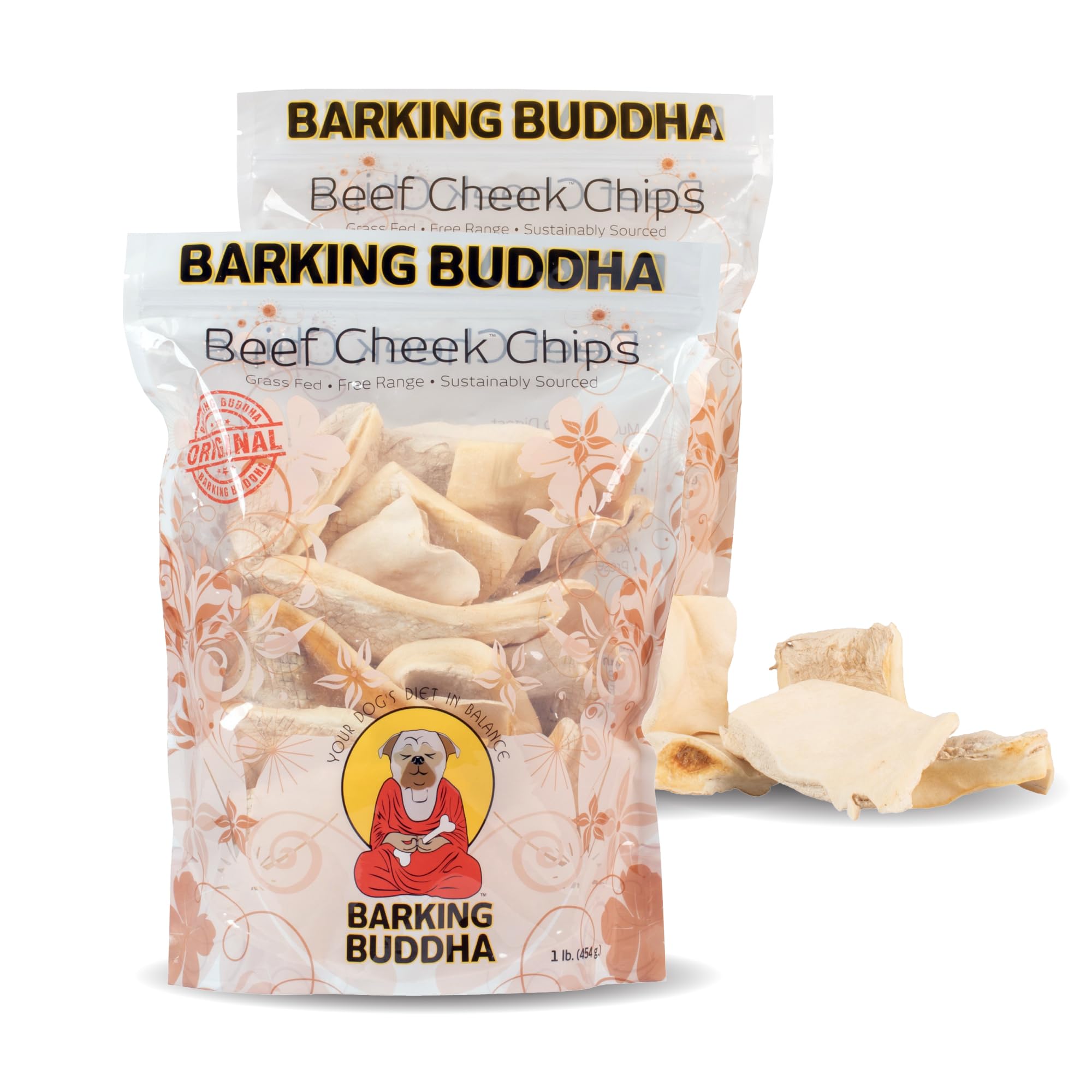 Barking Buddha Beef Cheek Chips Extra Thick packaging highlights all-natural, premium dog chews.
