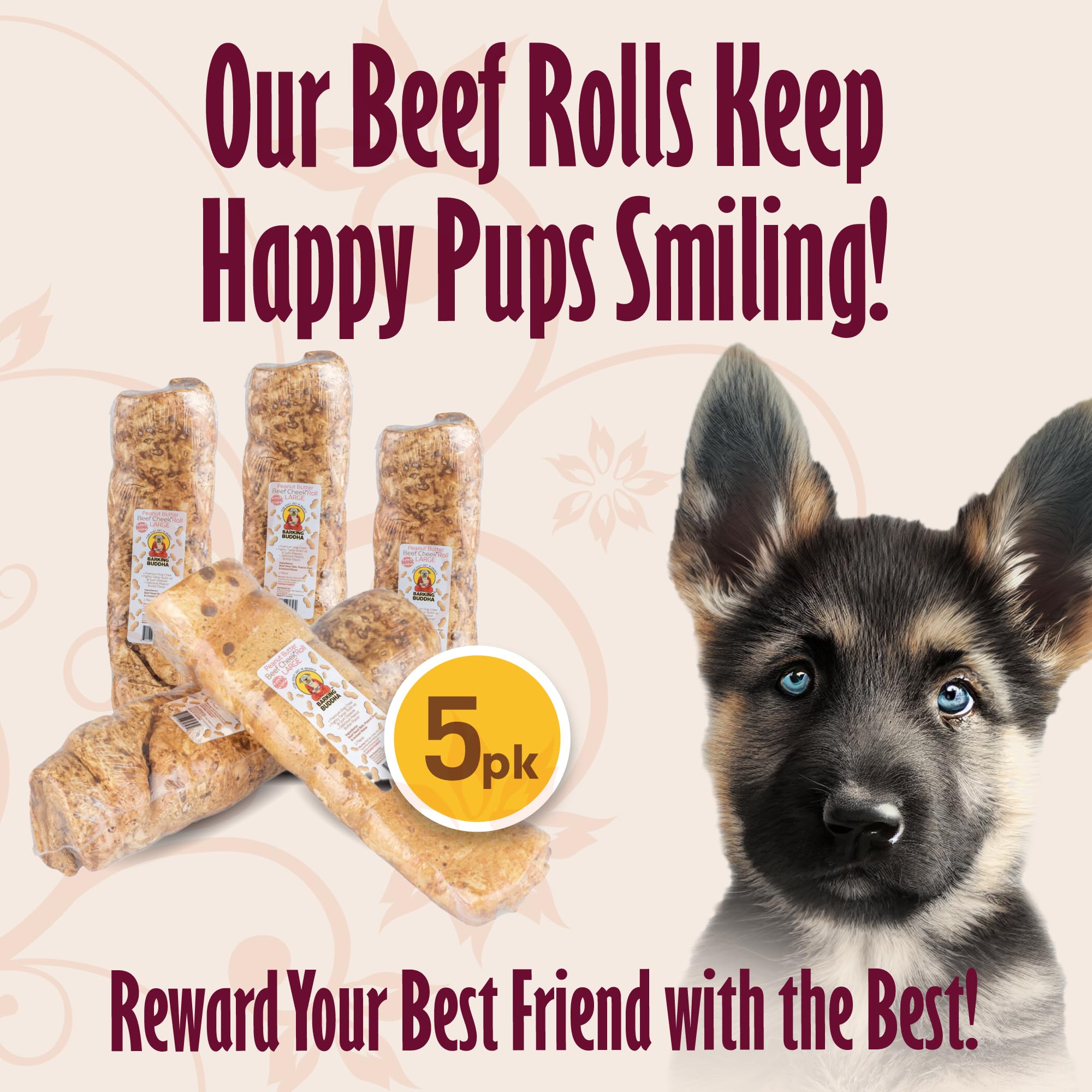 Beef cheek roll shown as a dental-friendly chew by Barking Buddha