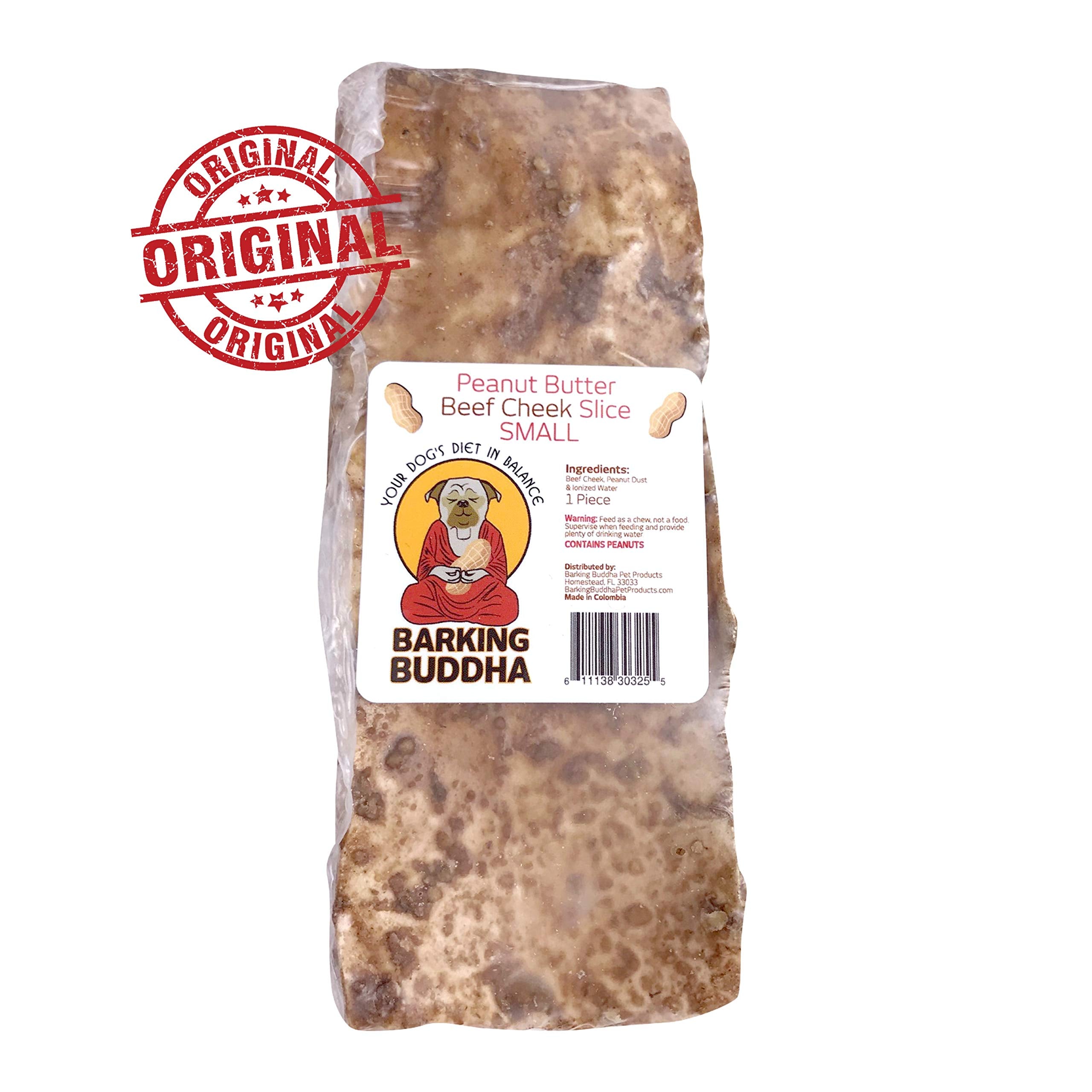 Barking Buddha beef cheek slices packaging image emphasizing gluten-free and peanut butter flavor.