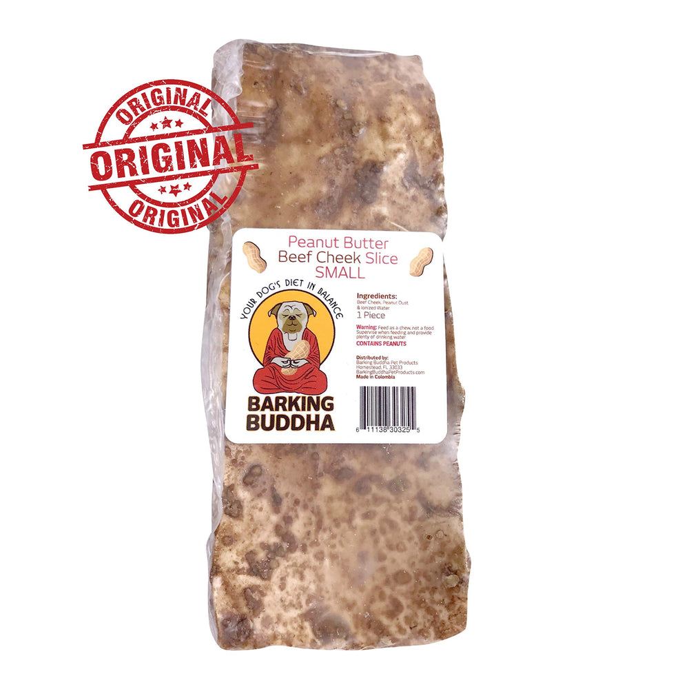 Barking Buddha beef cheek slices packaging image emphasizing gluten-free and peanut butter flavor.