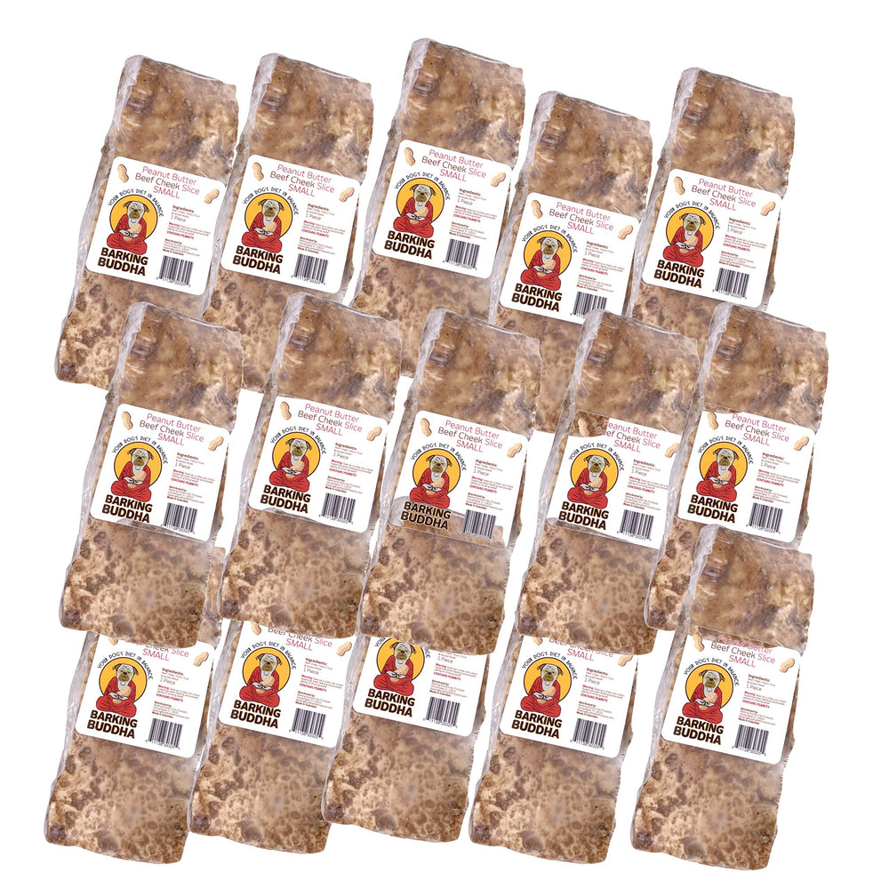 Barking Buddha beef cheek slices pack shot, premium all-natural dog chews for long-lasting entertainment.