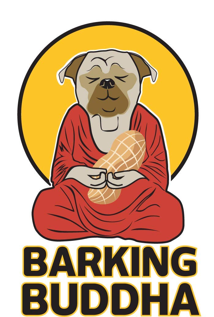 Barking Buddha beef cheek slices product-use shot with dog enjoying a long-lasting chew.