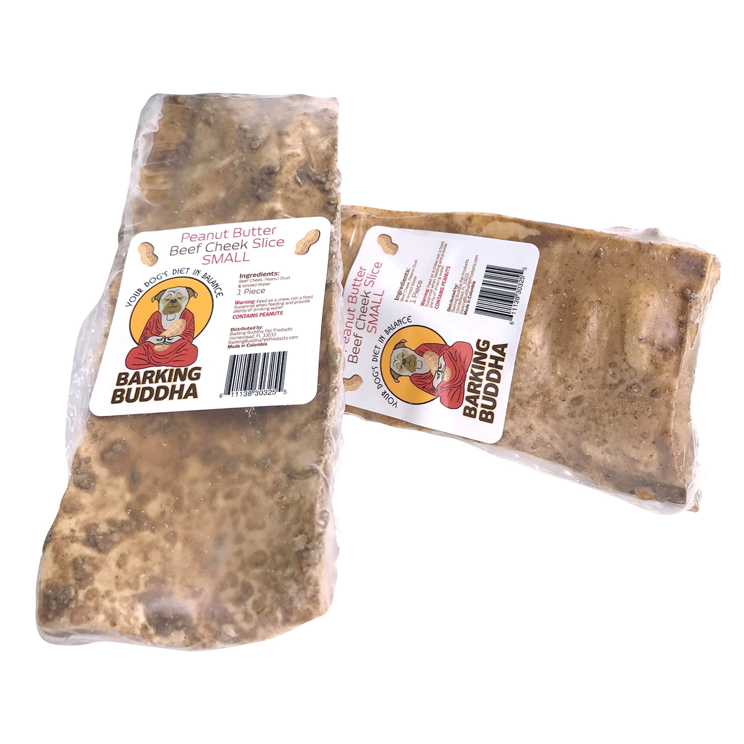 Barking Buddha beef cheek slices texture close-up, thick chew ideal for extended chew sessions.