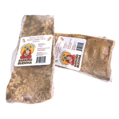 Barking Buddha beef cheek slices texture close-up, thick chew ideal for extended chew sessions.