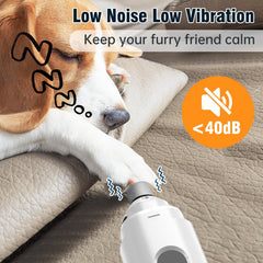 Barkitty quiet operation under 40 dB keeps dogs calm during grooming.