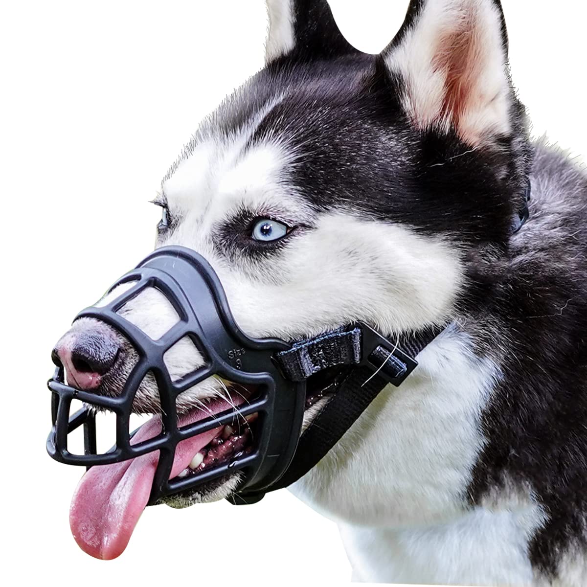 BARKLESS dog muzzle safety-basket keeps dogs calm and prevents biting during public outings.
